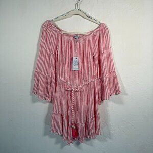 NWT Blue Island Pink White Metallic Striped Off The Shoulder Mini Dress Size S